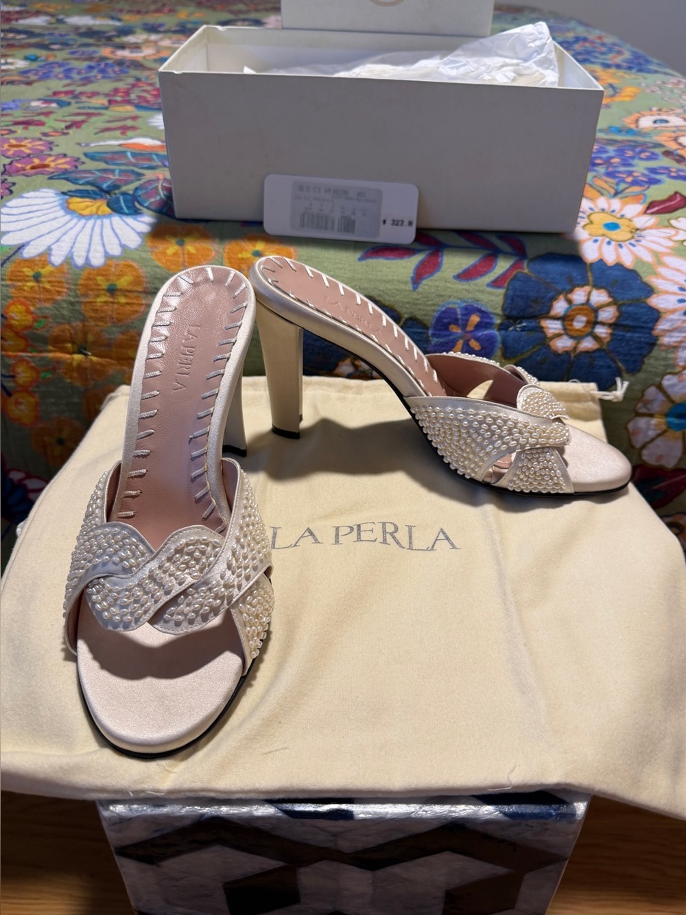 Vintage La Perla Ivory Pearl-Embellished Slide Heels - Picture 3 of 15